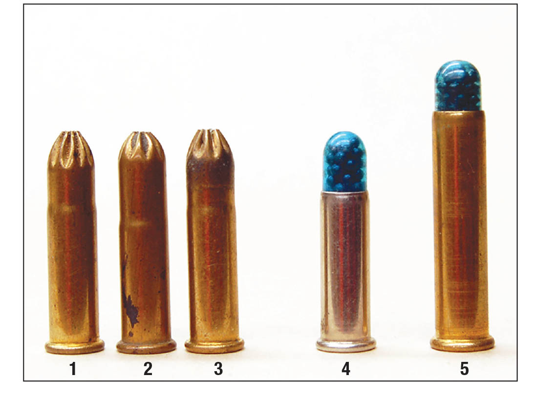 Today’s .22 Long Rifle shot cartridges include: (1) Winchester, (2) Remington and (3) Federal with an extended case rose crimp. (4) CCI with plastic shot capsule and (5) CCI .22 WMR with plastic shot capsule.